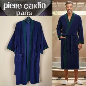 Pierre Cardin Paris Blue Velvet Velour Bath Robe Belted‎ Lounge Pockets